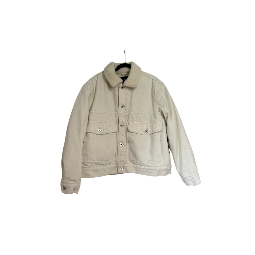 H&M White Sherpa Collar Button Accent Jean Jacket Lined Men Short Casual